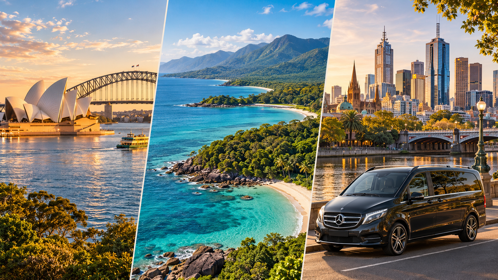 Sydney Harbour, tropical North Queensland coastline and Melbourne skyline with a Mercedes V-Class, illustrating a private Australian holiday.