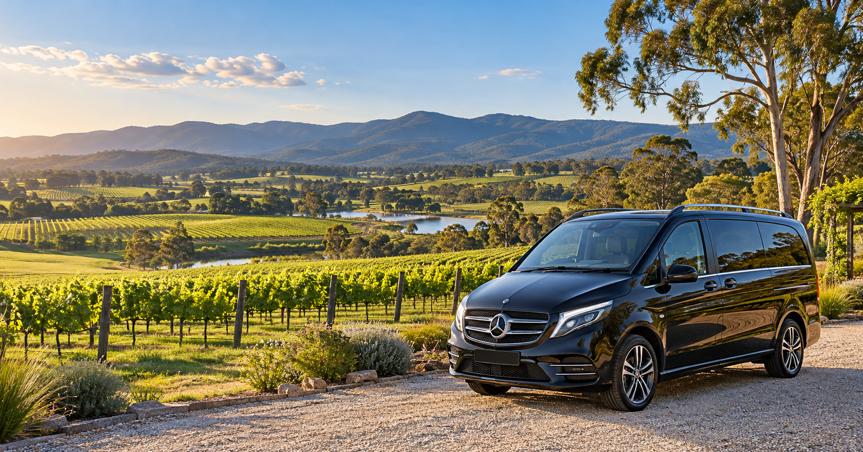 Black Mercedes-Benz V-Class beside vineyards with rolling hills in the background